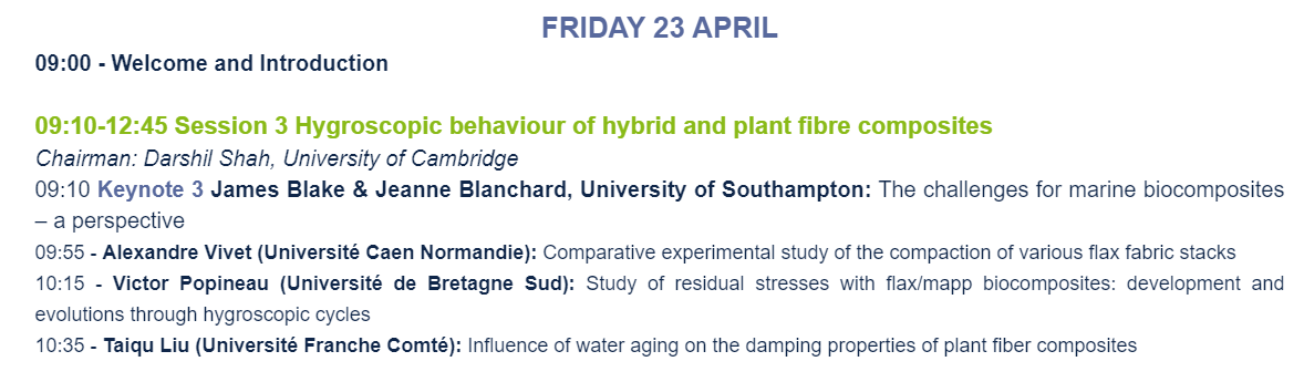 Provisional programme of the Conference on Biobased Composites in the Marine Environment
